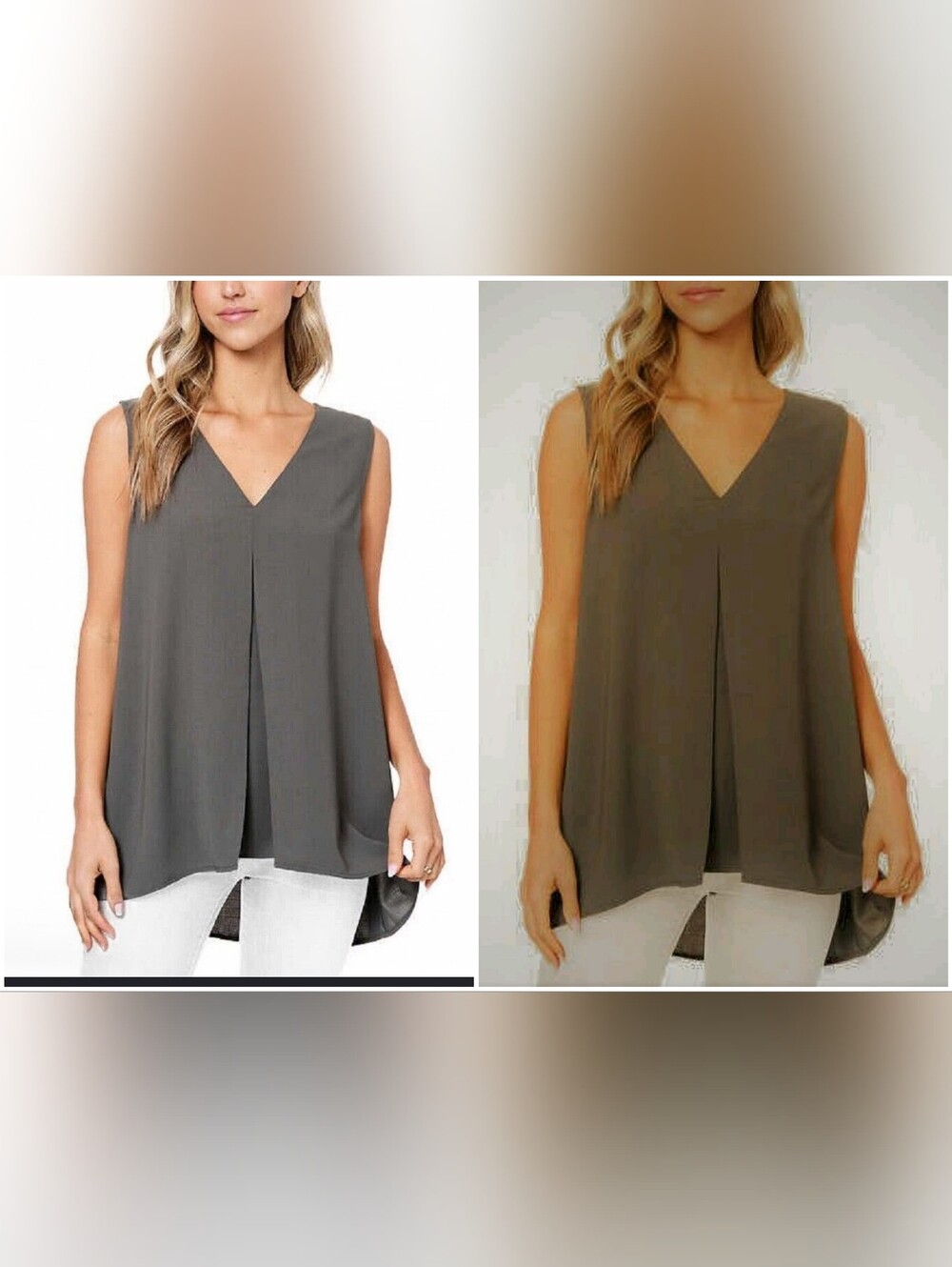 Green Sleeveless V-Neck Pleat Top